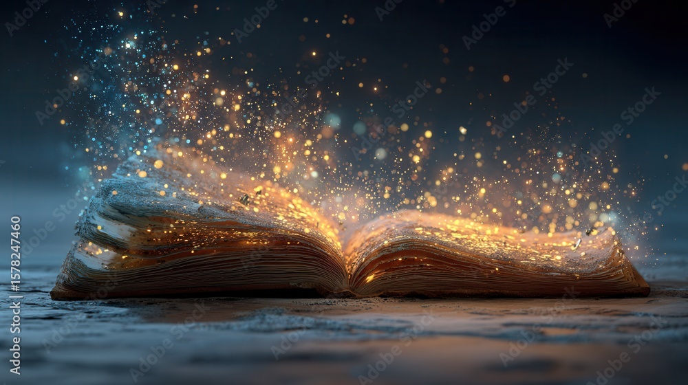 Poster enchanting open book with magical sparks in a dark setting