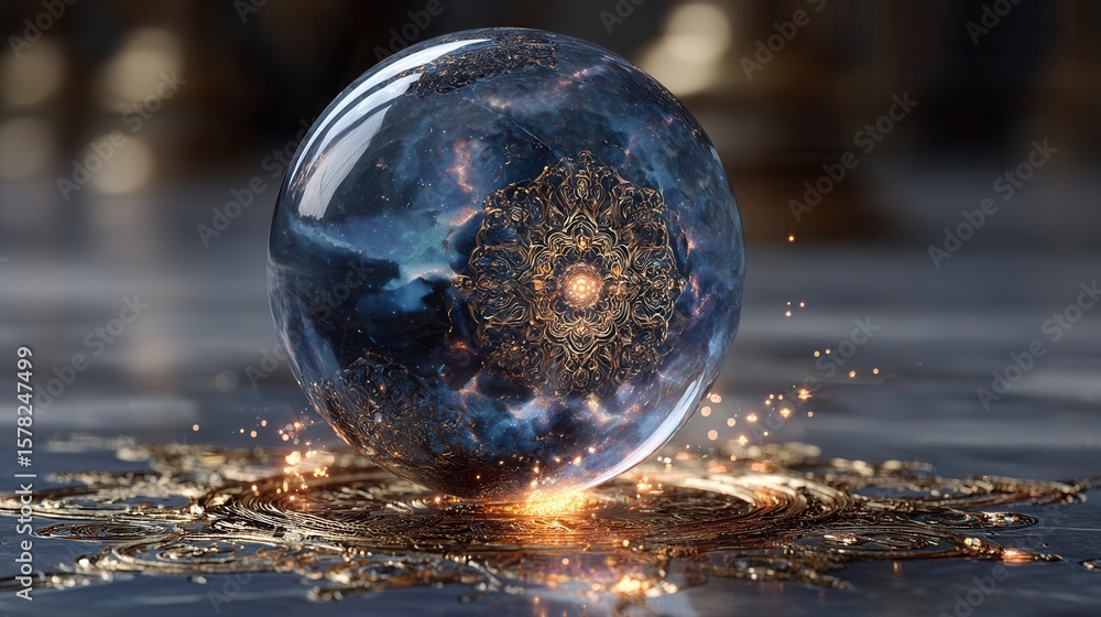 Poster mystical crystal sphere with intricate patterns and cosmic elements