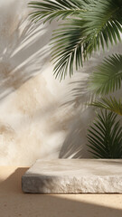 Light Beige Concrete Podium on Sandy Surface with Palm Fronds
