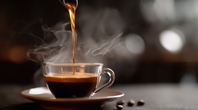 Close-up of steaming hot black coffee being poured into a glass cup on a saucer with a dark blurred background