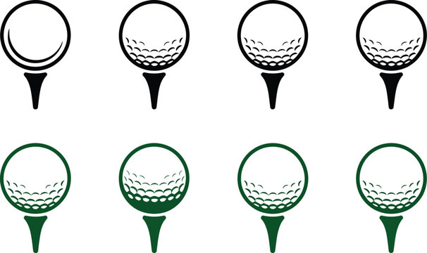A collection of golf ball icons in black and green on a white background in a vector format