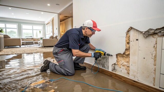Technician repairing water-damaged wall, showcasing water mitigation efforts.