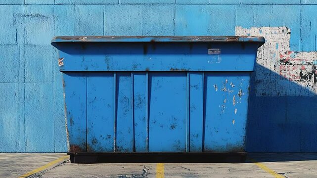 Large blue dumpster sitting in front of a bright blue wall