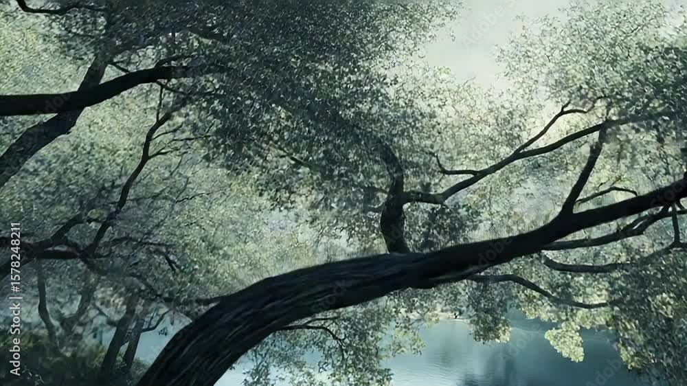 Poster sunlight filtering through trees over tranquil lake in misty forest