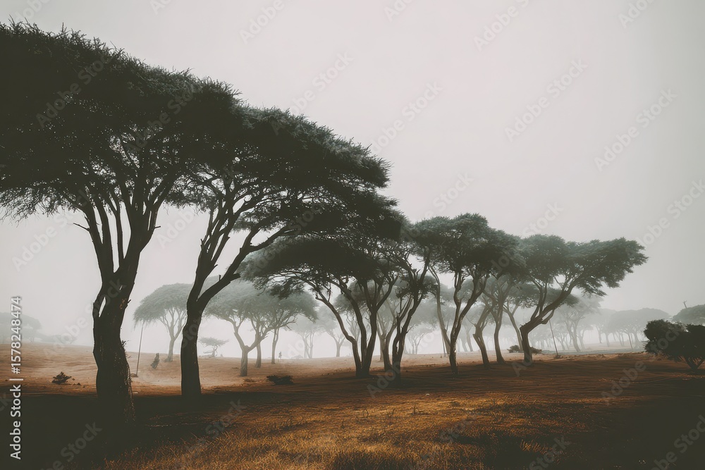 Poster foggy landscape with silhouette trees, creating a serene atmosphere in a tranquil setting