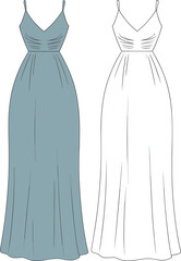 Elegant sleeveless long dress fashion flat sketch, front view gown design, women clothing template, vector illustration for apparel and sewing