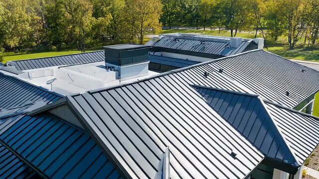Modern metal roof covering residential building with complex architecture