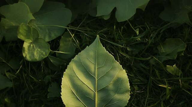 Poplar leaf resting on lush green grass in gentle sunlight