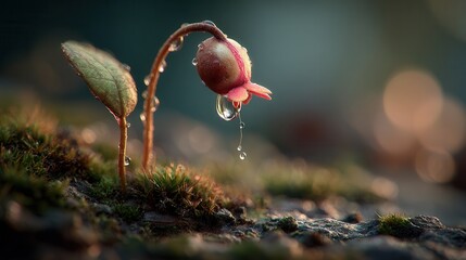 Fototapeta premium Delicate Seedling with Dew Droplet on a Mossy Ground at Dusk