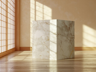 Beige Marble Textured Cube Podium Minimalist Room image