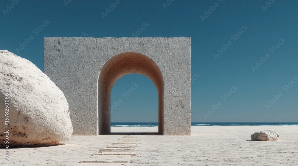 Poster modern architectural structure with arch by the ocean and rocks