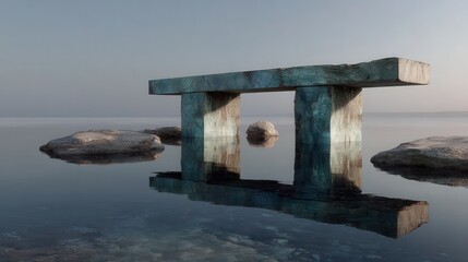 Tranquil Reflection of a Unique Stone Bench by Calm Water