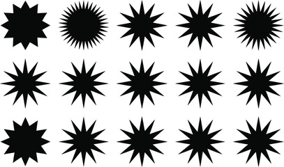 Fifteen black starburst shapes arranged in three rows on a white background vector image