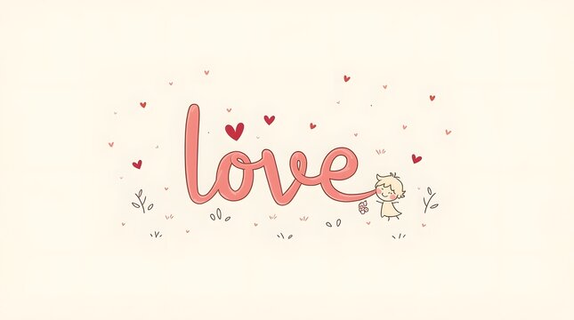 Cute and charming typography with the word "love" and a tiny mouse. A sweet and whimsical illustration for greeting cards, nursery art, or romantic messages.