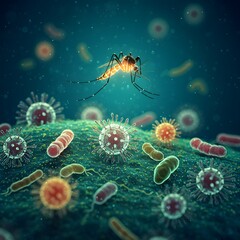 Obraz premium Mosquito in flight over a teeming mass of viruses and bacteria.