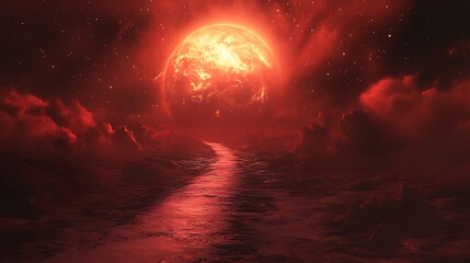 Cosmic red star and path through nebula