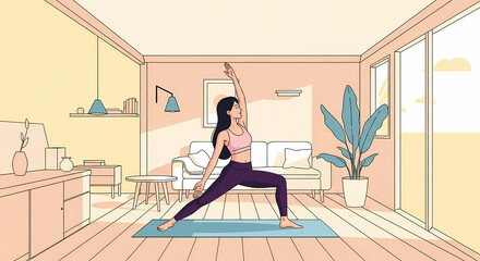 Woman doing yoga at home in warrior one pose, healthy lifestyle