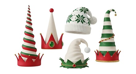 Collection of festive christmas elf hats with red green and white colors