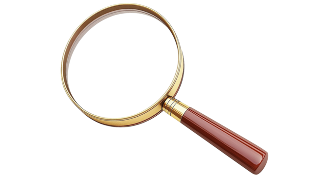 A vintage magnifying glass with a golden rim and wooden handle isolated on white isolated on transparent background