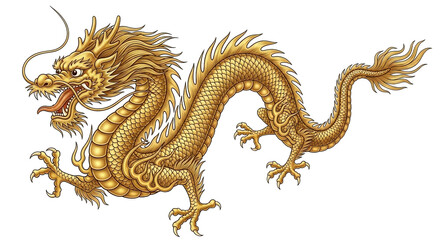 Majestic golden dragon art piece showcases intricate scale design against a stark background.