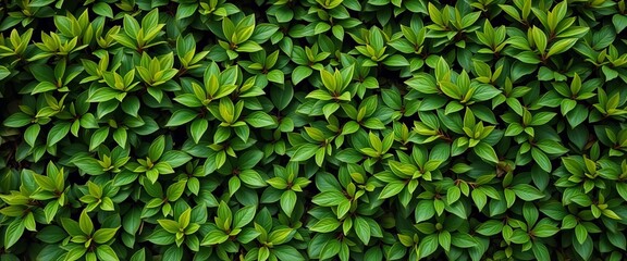 Obraz premium Dense, vibrant green hedge leaves form a lush natural backdrop, environment, green