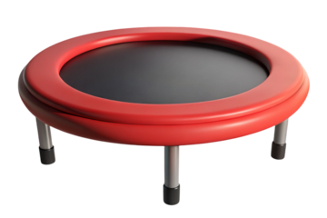 Round red trampoline with black mat and silver legs isolated on transparent background