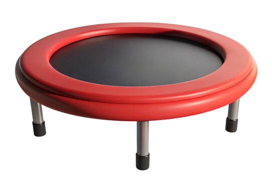 Round red trampoline with black mat and silver legs isolated on transparent background