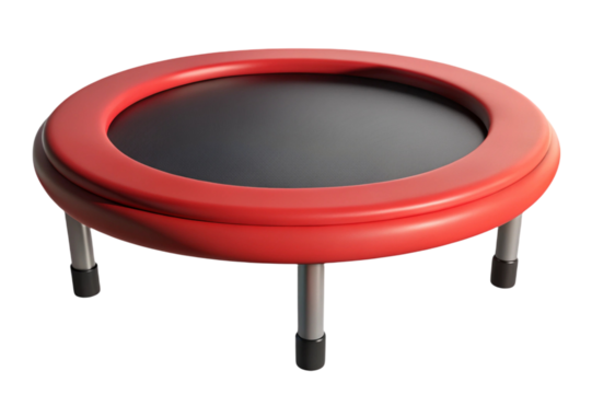 Round red trampoline with black mat and silver legs isolated on transparent background