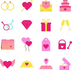 Marriage illustration set. Includes of wedding, couple, love, bride, groom, and More. Vector flat color collection