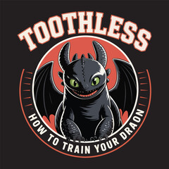 Dark dragon with fierce eyes titled “Toothless – How to Train Your Dragon” vector illustration.