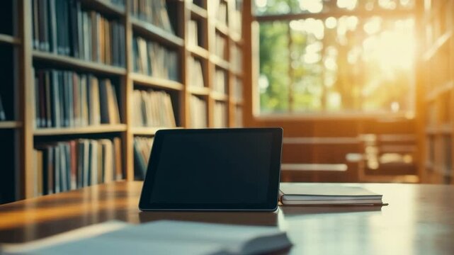 Tablet book library wooden table sunlight education learning technology digital device screen knowledge study indoors furniture literature reading modern electronic information quiet - Powered by Adobe