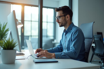 Focused professional man at modern workspace with greenery

