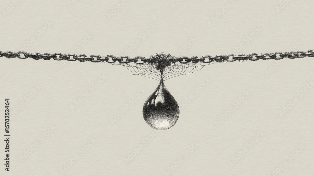 Poster droplet suspended on chain with delicate web background
