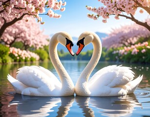 Fototapeta premium Swans in love under cherry blossoms