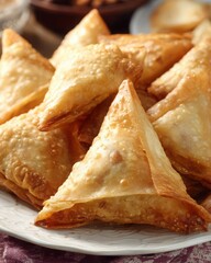 Golden brown triangular pastries arranged on a plate, with a rustic background and snacks