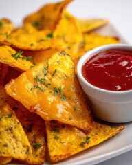 Golden cheese nachos served on a plate with a side of rich red salsa, perfect for snacks