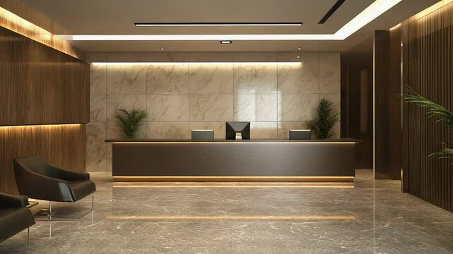 Modern hotel reception area with elegant marble floor and wood paneling