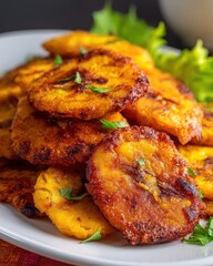 Golden, crispy plantains served on a plate with fresh greens, showcasing a vibrant culinary dish
