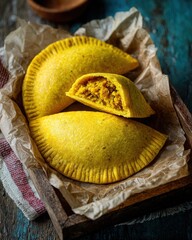 Golden empanadas filled with savory ingredients, presented on rustic wooden table with natural light