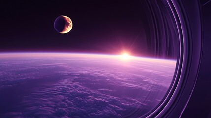 Cosmic view purple planet rising sun moon in the dark universe
