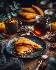 Golden pastries filled with sweet filling served on a rustic table with autumn decorations