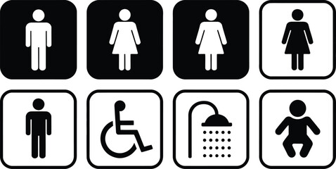 A set of eight black and white square icons depicting various public facility symbols and signs