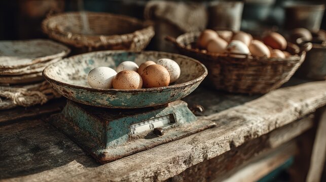 Rustic Kitchen Scene with Fresh Farm Eggs on Vintage Scale and Wooden Table for Organic Food Cooking