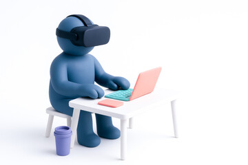 Digital character wearing virtual reality headset sitting at desk with laptop and coffee cup, illustrating remote work and digital environment, creating sense of modernity and innovation