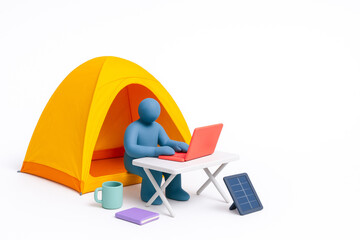 Person working on laptop inside yellow tent with solar panel nearby, illustrating remote work and digital nomad lifestyle in outdoor settings