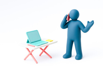 3D humanoid figure talking on mobile phone next to small desk with laptop and sticky notes, representing remote work or digital communication, with clean white background