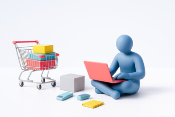 Digital person sitting with laptop and shopping cart filled with colorful boxes and packages, representing remote work and digital shopping, creating modern work environment scene
