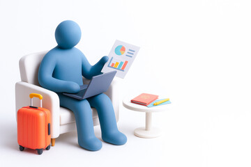 Blue human like figure sitting white armchair working laptop while holding report with charts, surrounded by travel and work accessories, illustrating remote work environment for digital nomads