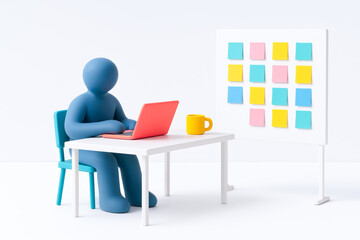 Digital workspace with figure working on laptop, surrounded by colorful sticky notes on board, coffee mug on table, and minimalistic setting that suggests remote work and creative environment