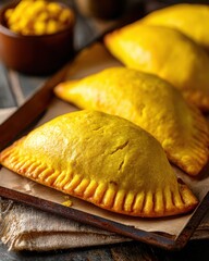 Golden-brown empanadas resting on a rustic wooden table with a bowl of sauce in the background